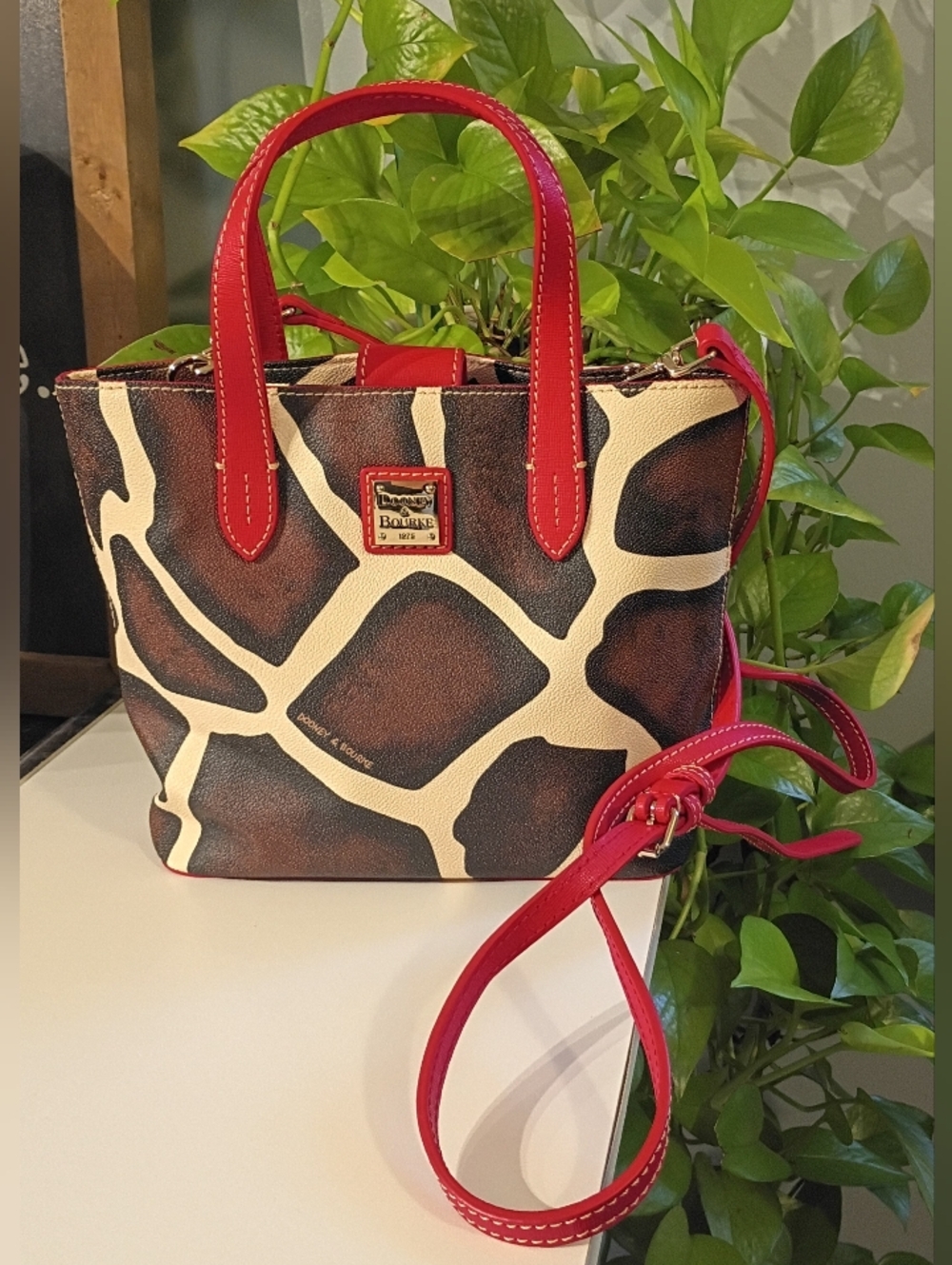 Dooney & Bourke Brown Giraffe-Print Mini Satchel with Red Trim